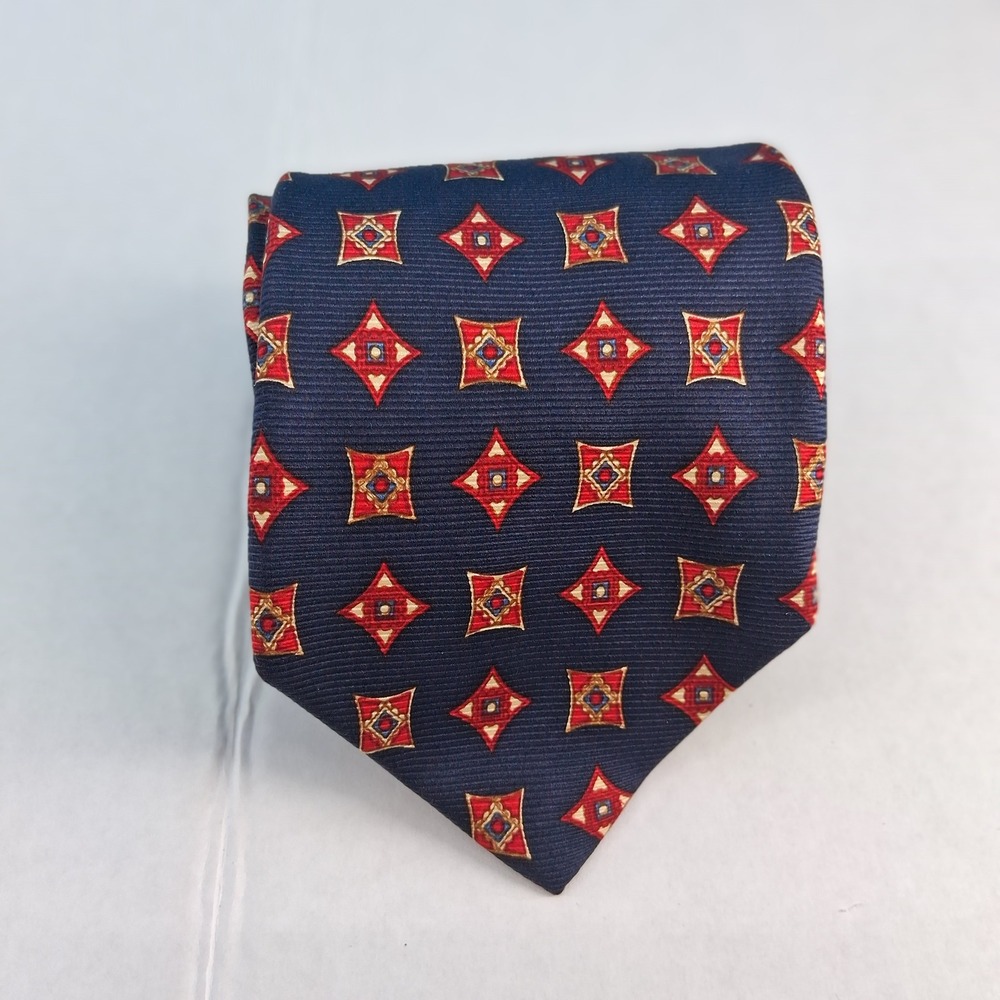 Lands End Necktie Mens OS Navy Blue Silk Geometric Medallion Handsewn USA 58439